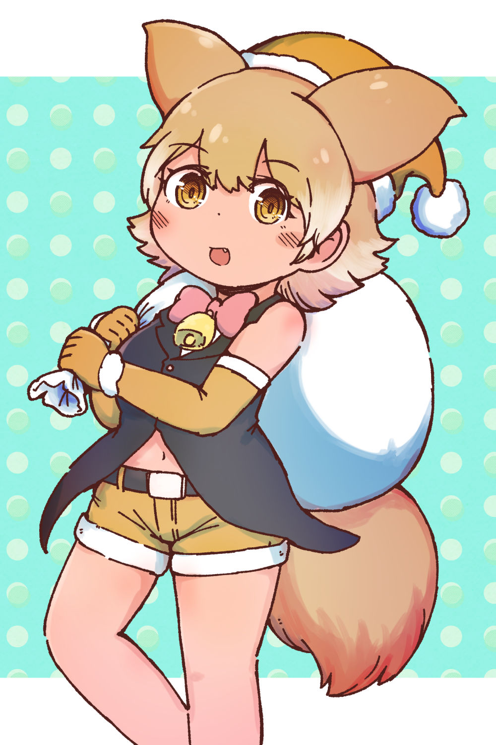 1girl, alternate_costume, animal_ears, bell, black_vest, blonde_hair, blush, bow
