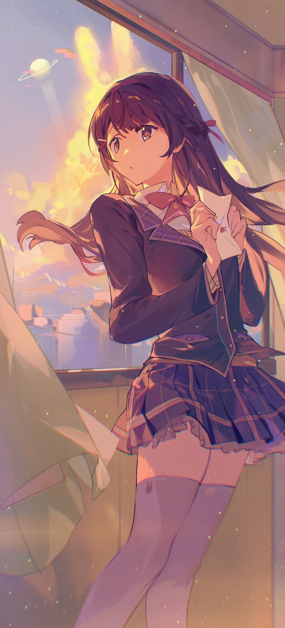 1girl, black_hair, black_jacket, black_skirt, blazer, braid, commentary_request, curtains, french_braid, frilled_skirt, frills, hair_ribbon, highres, holding, holding_letter, indoors, jacket, letter, long_hair, long_sleeves, looking_outside, nashinashi, nijisanji, pink_ribbon, plaid, plaid_skirt, planet, pleated_skirt, ribbon, school_uniform, skirt, solo, thigh-highs, tsukino_mito, very_long_hair, virtual_youtuber, white_thighhighs, window