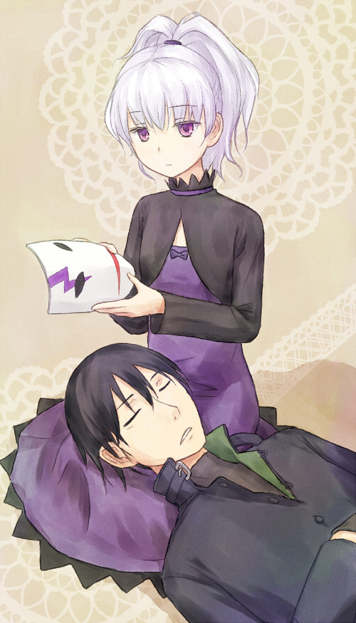 1girl, bad_id, black_hair, closed_eyes, couple, darker_than_black, dress, flat_chest