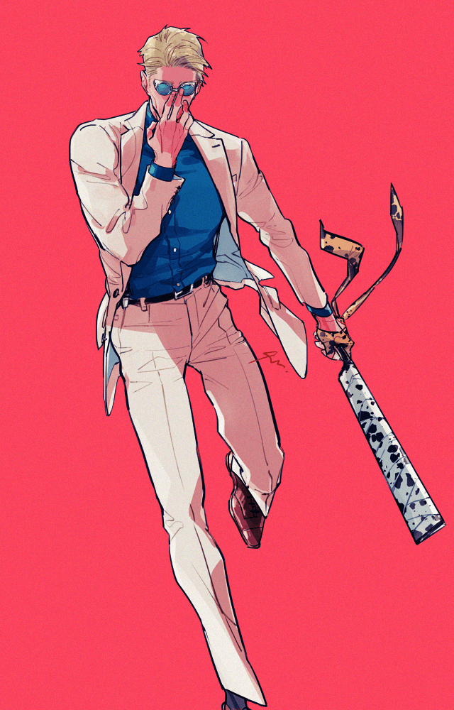 1boy, adjusting_goggles, animal_print, belt, black_belt, blonde_hair, blue_shirt, brown_footwear