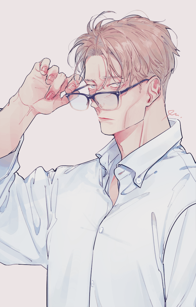 1boy, adjusting_eyewear, alternate_eye_color, blonde_hair, collared_shirt, glasses, grey_background, grey_eyes