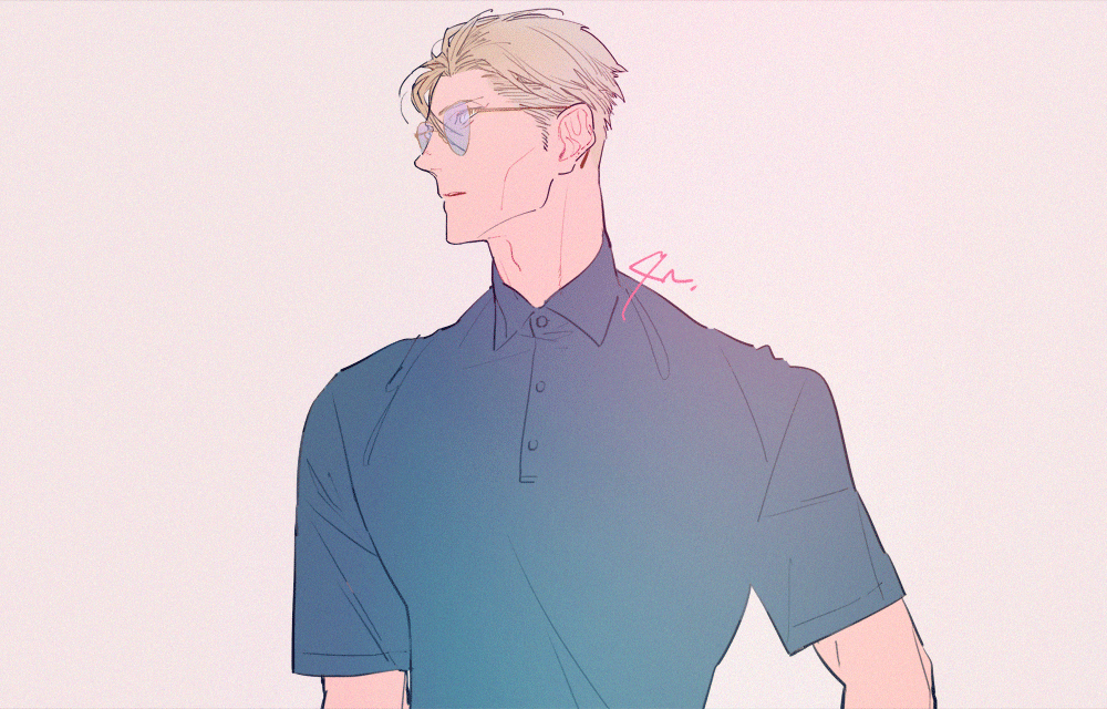 1boy, blonde_hair, blue_shirt, collared_shirt, glasses, grey_background, jujutsu_kaisen, male_focus