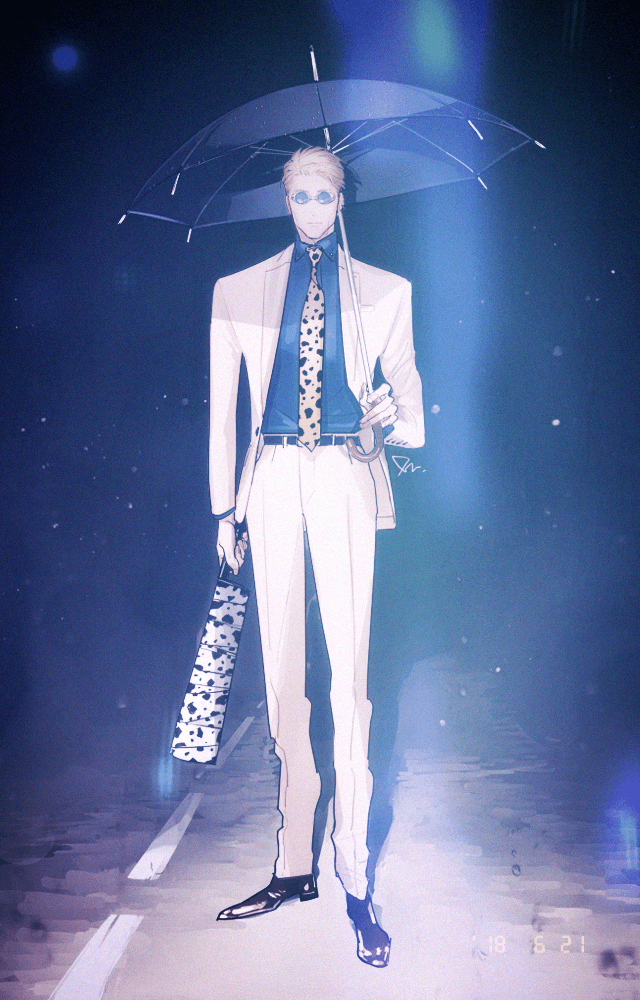 1boy, animal_print, belt, black_belt, blonde_hair, blue_shirt, brown_footwear, collared_shirt