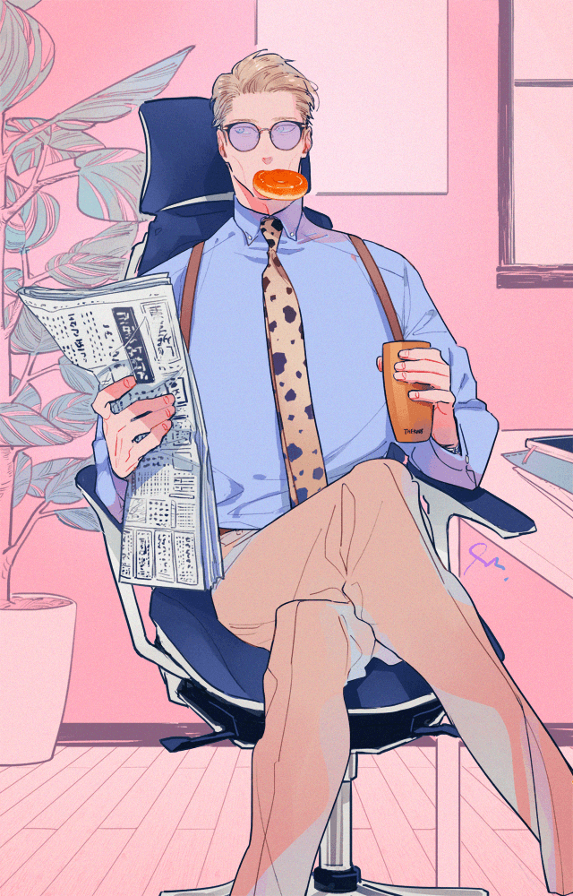 1boy, animal_print, blonde_hair, blue_shirt, chair, collared_shirt, crossed_legs, cup
