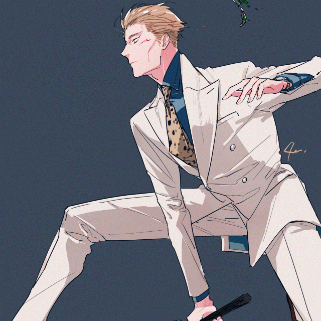 1boy, animal_print, blonde_hair, blood, blue_shirt, collared_shirt, feet_out_of_frame, fighting_stance