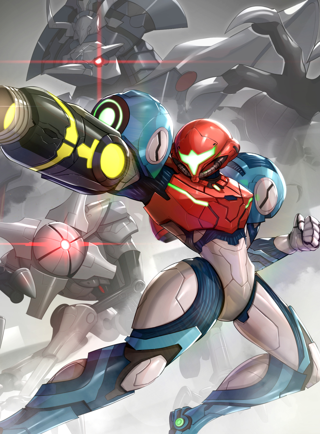 1girl, arm_cannon, arm_up, armor, beak, clenched_hand, commentary_request, e.m.m.i._(metroid)