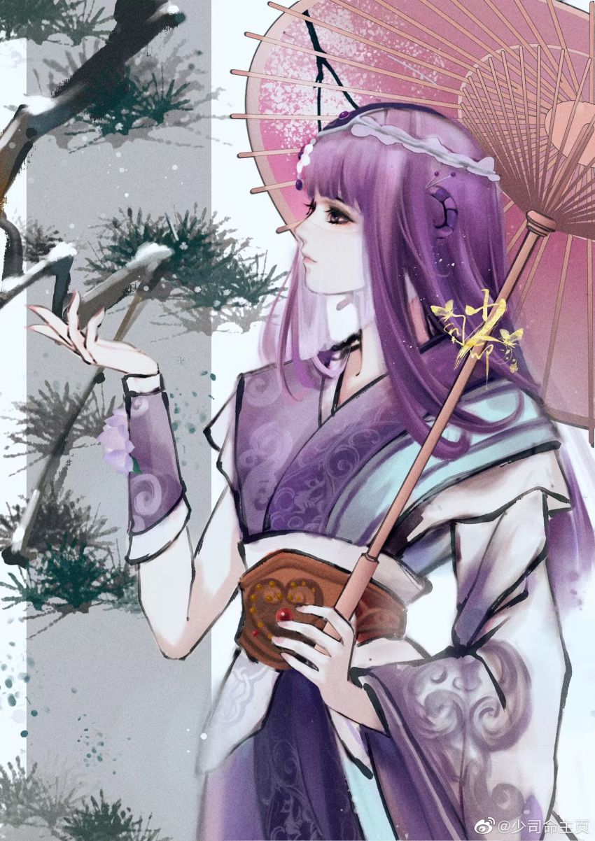 1girl, absurdres, artist_request, asymmetrical_sleeves, branch, chinese_clothes, closed_mouth, from_side