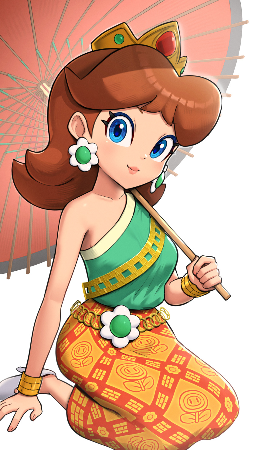 1girl, absurdres, arm_support, bangs, bare_shoulders, blue_eyes, bracelet, breasts