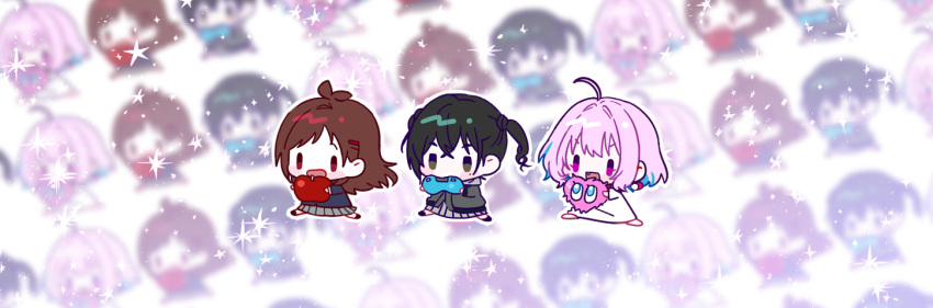 #unicus_(idolmaster), 3girls, 6_(yuchae), ahoge, apple, black_footwear, black_hair, blue_jacket