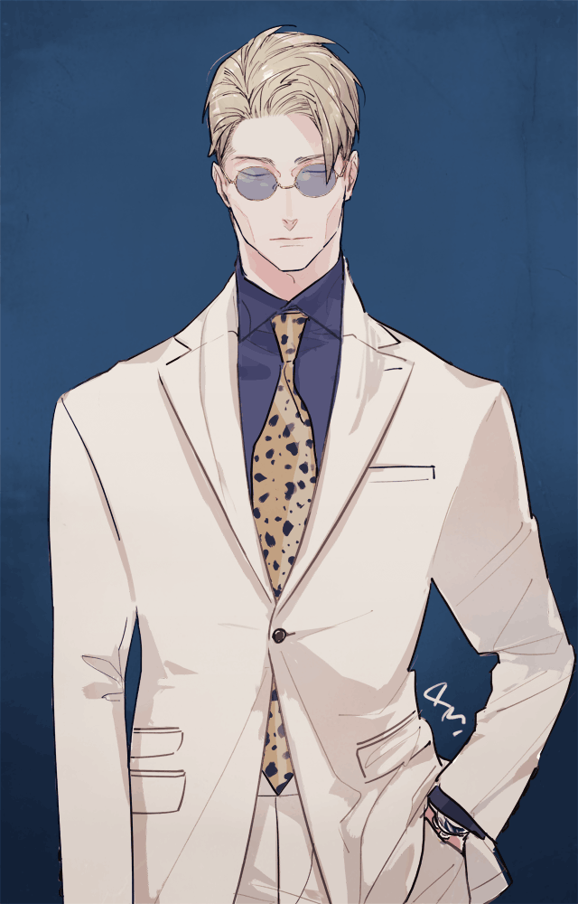1boy, animal_print, blonde_hair, blue_shirt, closed_eyes, collared_shirt, formal, grey_jacket