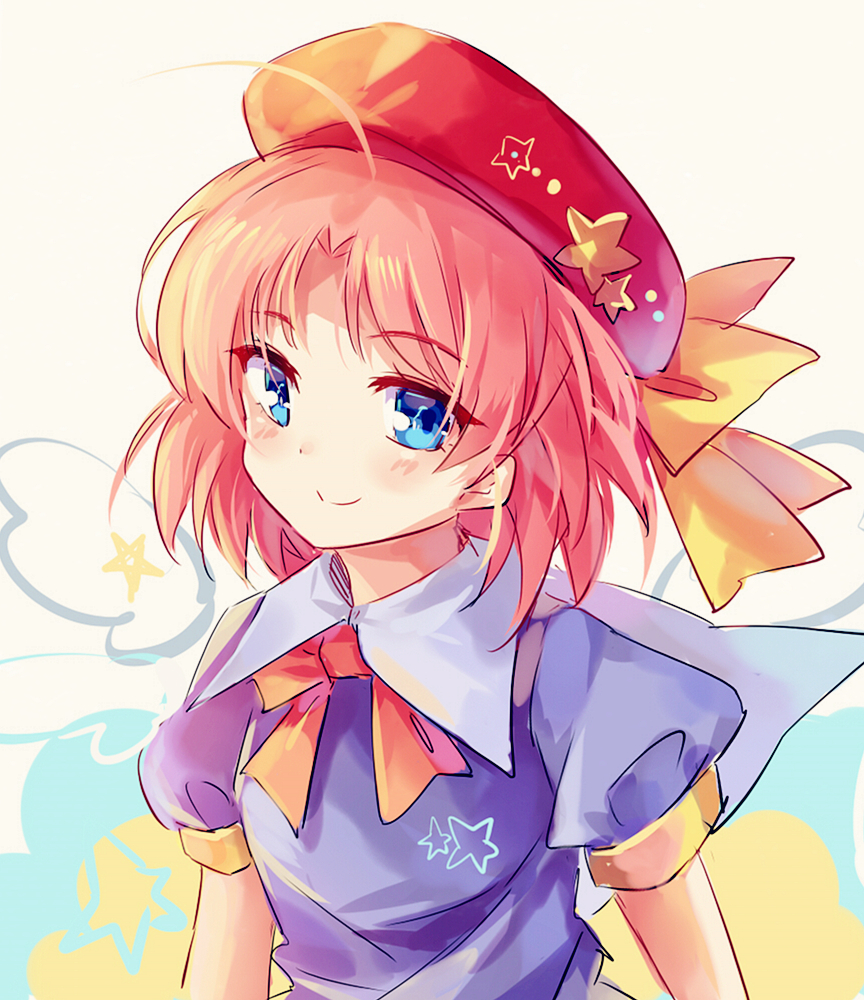 1girl, ahoge, akinomiya_asuka, bangs, blue_eyes, blue_shirt, closed_mouth, collared_shirt, commentary_request, hat, hat_ribbon, janet_arc'angelo, medium_hair, neck_ribbon, original, parted_bangs, pink_hair, puffy_short_sleeves, puffy_sleeves, red_headwear, red_ribbon, ribbon, shirt, short_sleeves, smile, solo, the_last_comer, touhou, upper_body, yellow_ribbon