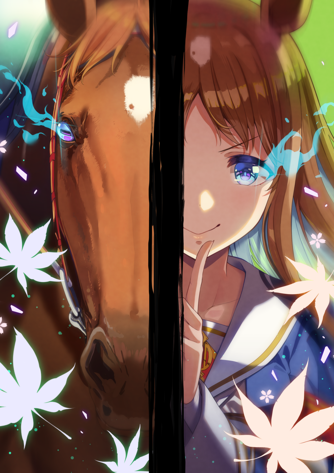 1girl, animal, animal_connection, animal_ears, blue_eyes, brown_hair, commentary_request, creature_and_personification