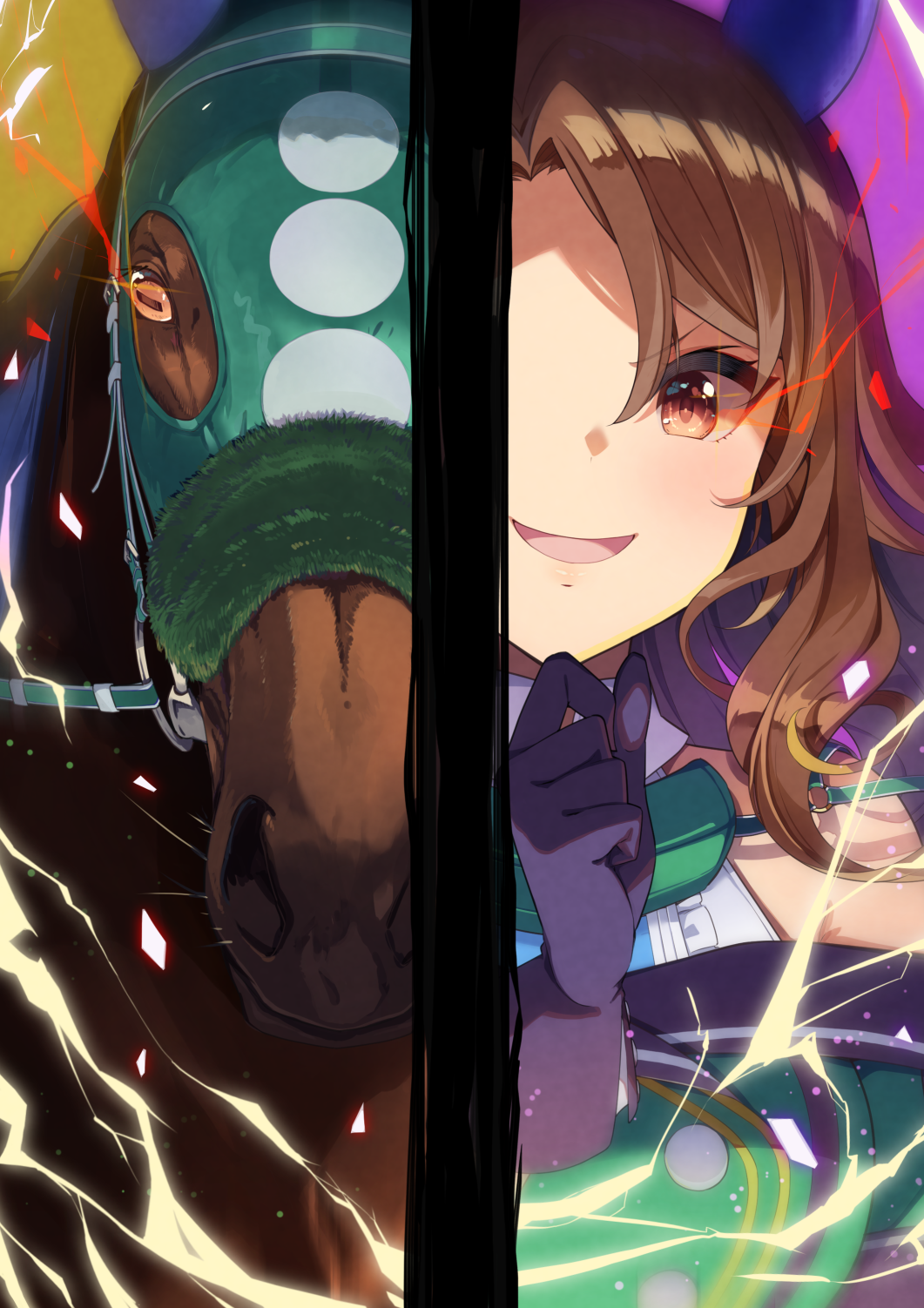 1girl, animal_ears, black_gloves, brown_eyes, brown_hair, commentary_request, creature_and_personification, electricity