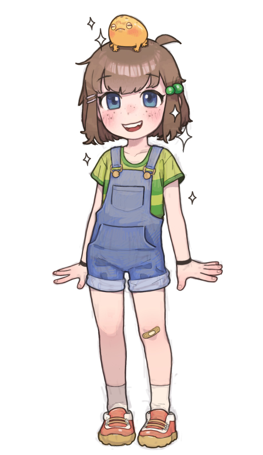 1girl, absurdres, ahoge, animal_on_head, bandage_on_knee, bangs, blue_eyes, blue_overalls