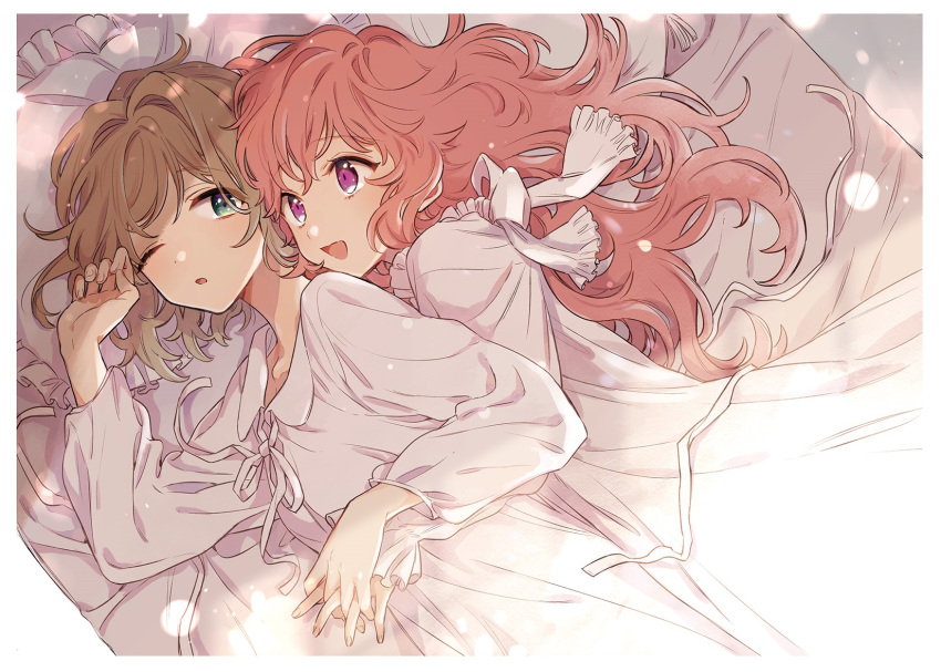 2girls, aono_(cmns), bangs, bed, blush, brown_hair, collared_dress, dress, english_commentary, green_eyes, highres, hug, hug_from_behind, interlocked_fingers, kagari_mimi, kimi_ga_shinu_made_koi_wo_shitai, long_hair, long_sleeves, looking_at_another, multiple_girls, neck_ribbon, on_bed, one_eye_closed, open_mouth, pajamas, pillow, ribbon, second-party_source, short_hair, smile, totsuki_shiina, violet_eyes, white_dress, yuri