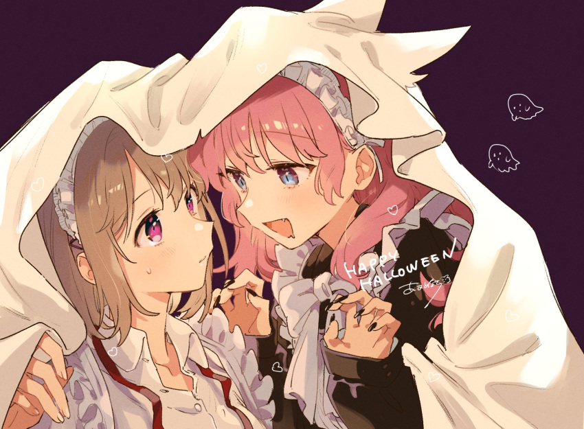 2girls, aono_(cmns), bangs, black_dress, black_nails, blush, bow, bowtie