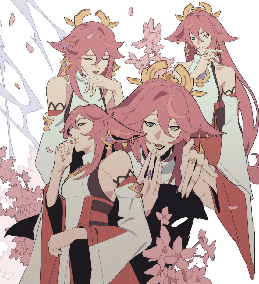 1girl, animal_ears, bare_shoulders, closed_eyes, cowboy_shot, detached_sleeves, earrings, falling_petals