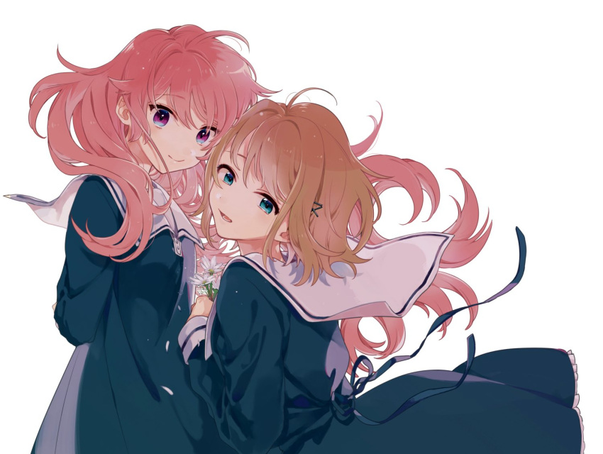 2girls, ahoge, aono_(cmns), arms_behind_back, bangs, brown_hair, closed_mouth, commentary_request