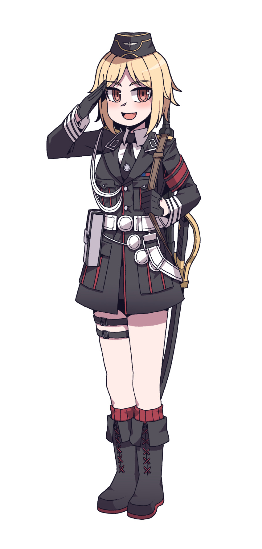 1girl, black_footwear, black_gloves, blonde_hair, blush, boots, brown_eyes, commission
