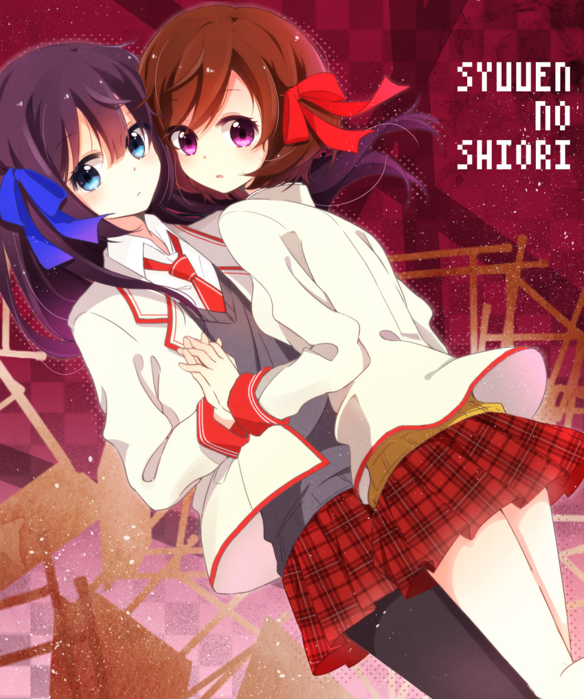 2girls, b-ko_(shuuen_no_shiori), bangs, blazer, blue_eyes, blue_ribbon, brown_hair, checkered_background