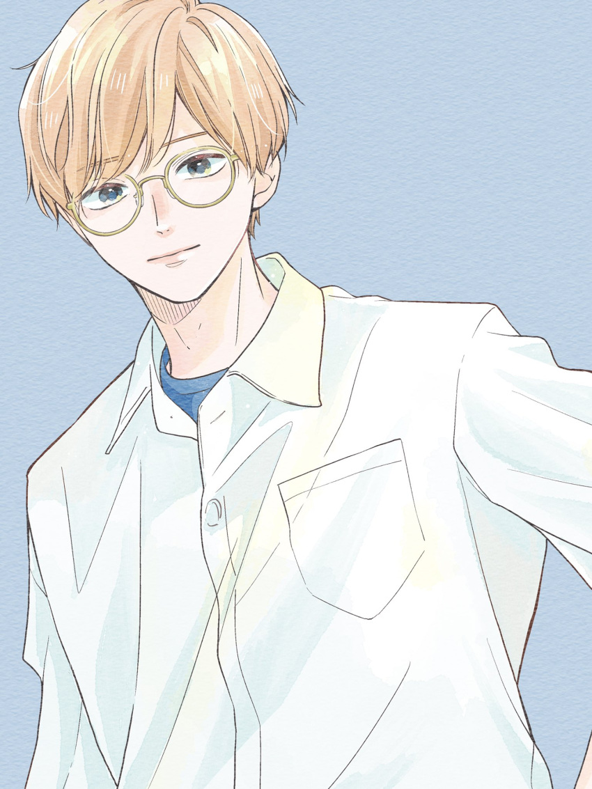 1boy, bangs, blonde_hair, blue_eyes, blue_shirt, closed_mouth, collared_shirt, commentary