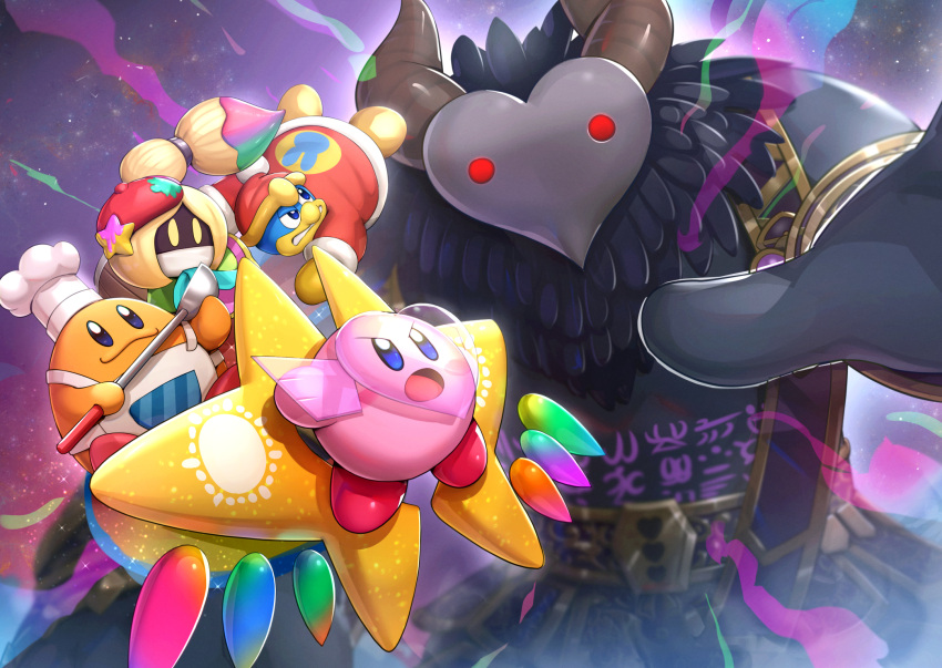 :3, apron, beak, beret, blonde_hair, blue_eyes, blush, blush_stickers, chef_hat, chef_kawasaki, clenched_teeth, closed_mouth, coat, commentary_request, energy, feathers, floating_hair, full_body, fur-trimmed_coat, fur_trim, giant, gold_trim, gonzarez, hat, heart, highres, holding, holding_ladle, horns, king_dedede, kirby, kirby:_star_allies, kirby_(series), ladle, long_hair, long_sleeves, looking_at_another, looking_back, mask, no_humans, open_mouth, paint, paint_splatter, red_coat, red_eyes, red_footwear, red_headwear, shoes, smile, solid_circle_eyes, solid_oval_eyes, sparkle, standing, star_(symbol), star_allies_sparkler, teeth, v-shaped_eyes, vividria, void_termina, white_apron, white_headwear