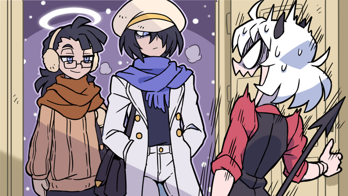 3girls, angel, angel_(helltaker), archangel_(helltaker), bag, black_hair, black_horns, black_tail