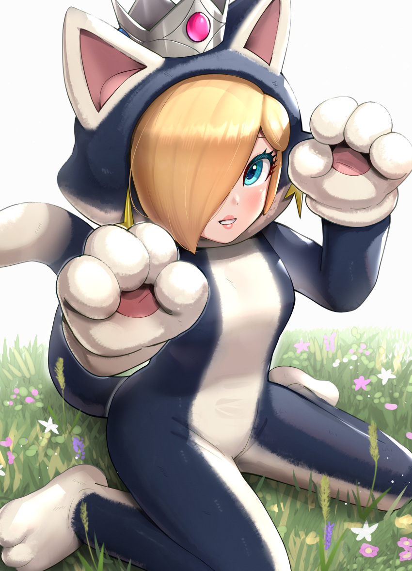 1girl, animal_costume, animal_ears, animal_hands, animal_hood, bangs, blonde_hair, blue_eyes