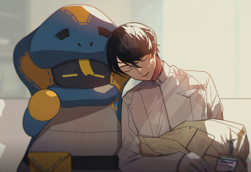 1boy, 1girl, black_hair, cobra_(animal), commentary, couch, demon, demon_girl