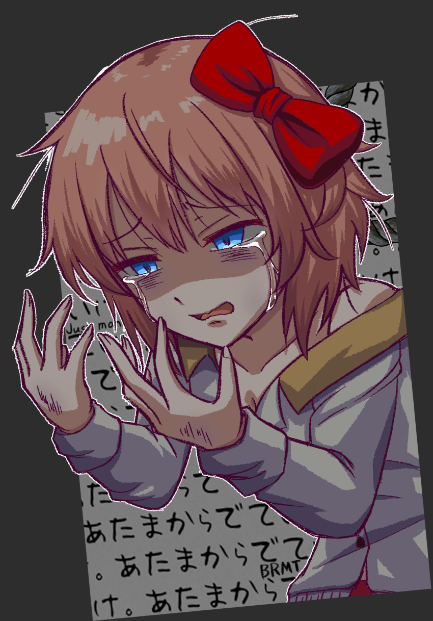 1girl, angst, artist_name, bags_under_eyes, bangs, blue_eyes, bow, broly_matsumoto