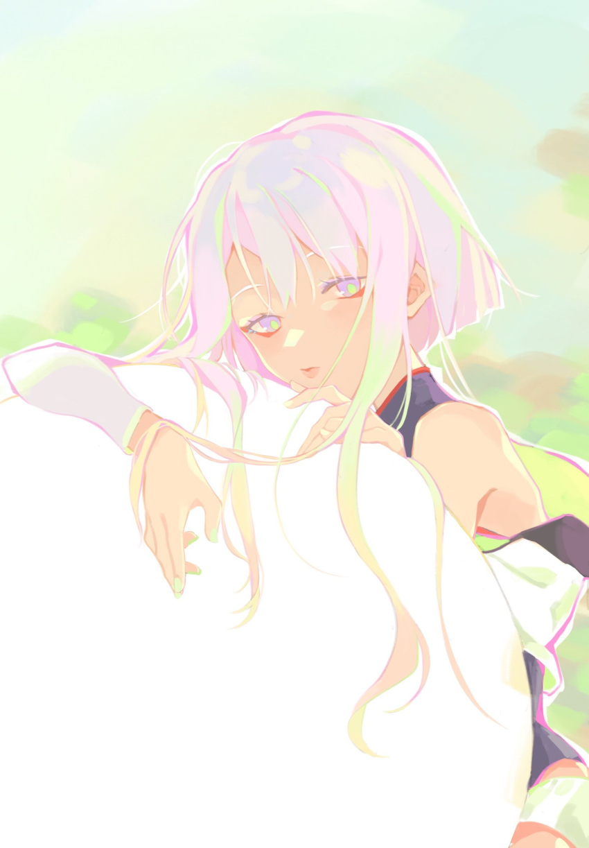 1girl, bangs, bare_shoulders, blonde_hair, chinese_commentary, cyberpunk_(series), cyberpunk_edgerunners, eyelashes