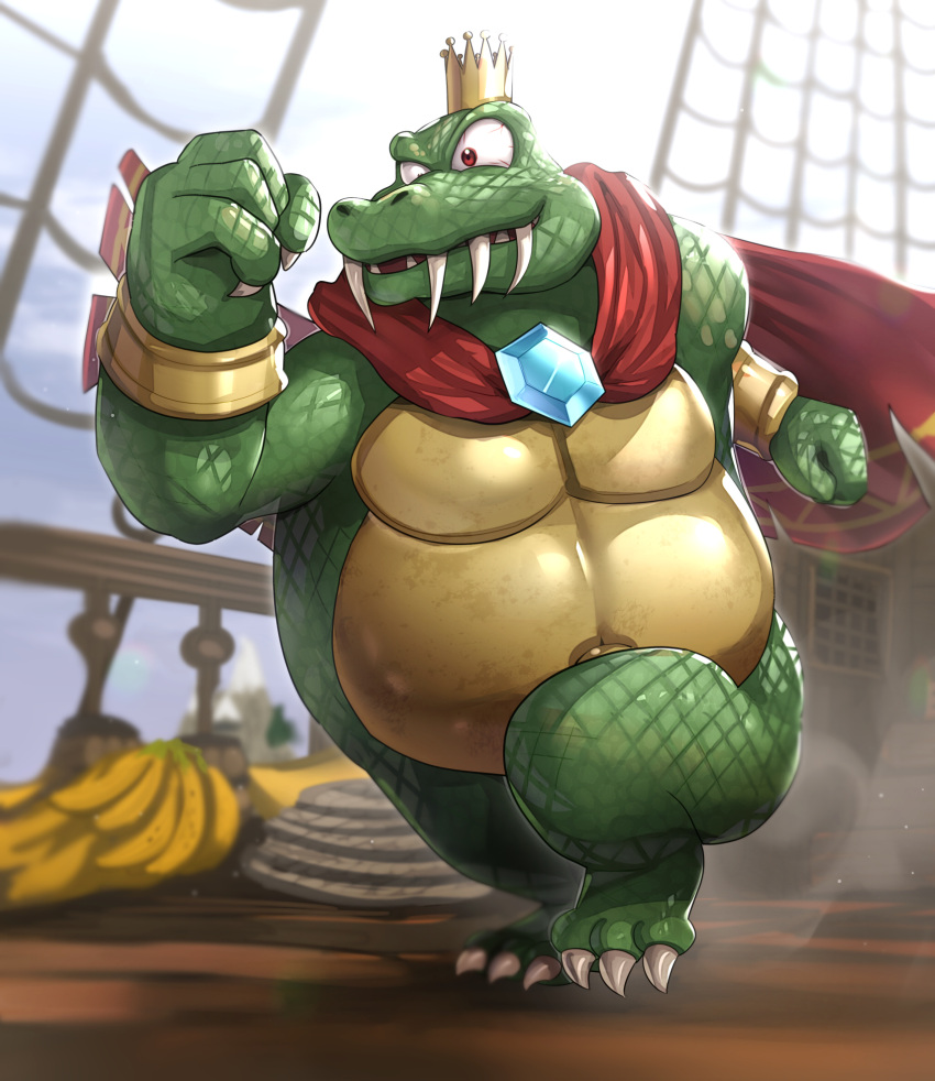 1boy, banana, blurry, blurry_background, bracelet, bracer, cape, claws, clenched_hands, clouds, commentary_request, crocodilian, crown, day, donkey_kong_(series), donkey_kong_country, food, fruit, full_body, gem, gonzarez, hand_up, highres, jewelry, king_k._rool, looking_at_viewer, male_focus, mountain, navel, net, no_humans, outdoors, red_cape, red_eyes, reptilian, rope, sharp_teeth, ship, ship_deck, sky, smile, solo, standing, teeth, walking, watercraft
