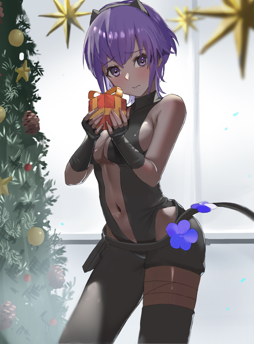1girl, black_gloves, black_hairband, black_leotard, box, breasts, center_opening, christmas, christmas_tree, dark-skinned_female, dark_skin, fate/grand_order, fate_(series), fingerless_gloves, gift, gift_box, gloves, hairband, hassan_of_serenity_(fate), highres, holding, holding_box, holding_gift, indoors, leggings, leotard, navel, purple_hair, short_hair, small_breasts, solo, standing, taruto_(takug0812), very_dark_skin, violet_eyes