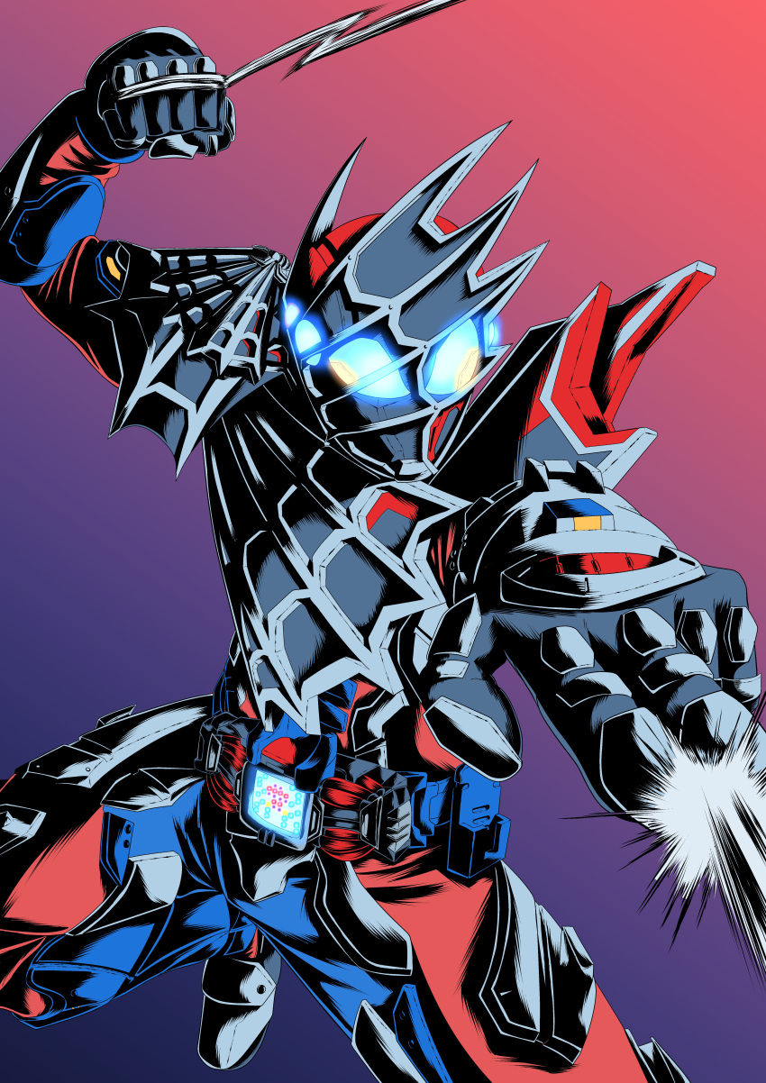 1boy, absurdres, armor, black_armor, blue_armor, blue_eyes, clenched_hand, compound_eyes