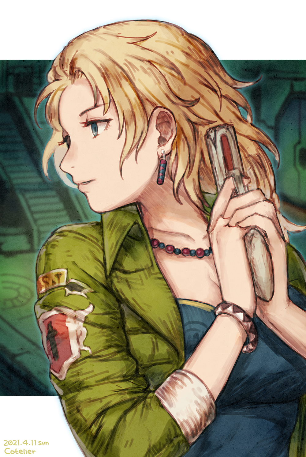 1girl, blonde_hair, blue_eyes, breasts, cotelier, dress, earrings, emilia_(saga_frontier)