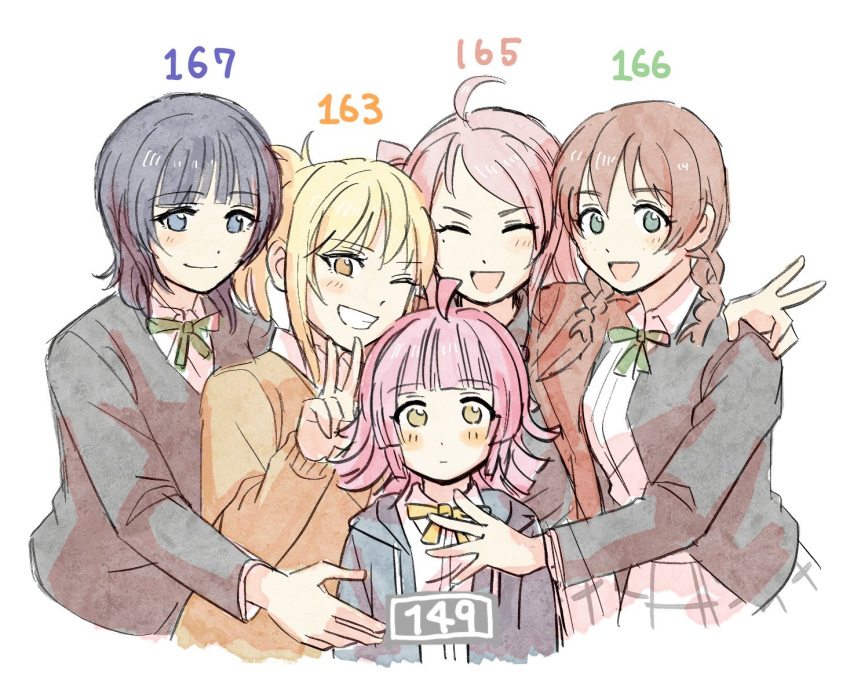 5girls, ahoge, asaka_karin, bangs, black_jacket, black_shirt, blonde_hair, blue_eyes
