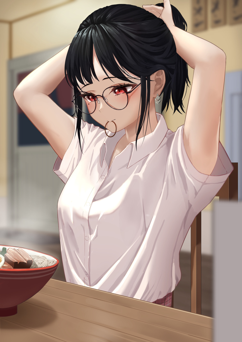 1girl, absurdres, arms_up, bangs, black-framed_eyewear, black_hair, blurry, bowl