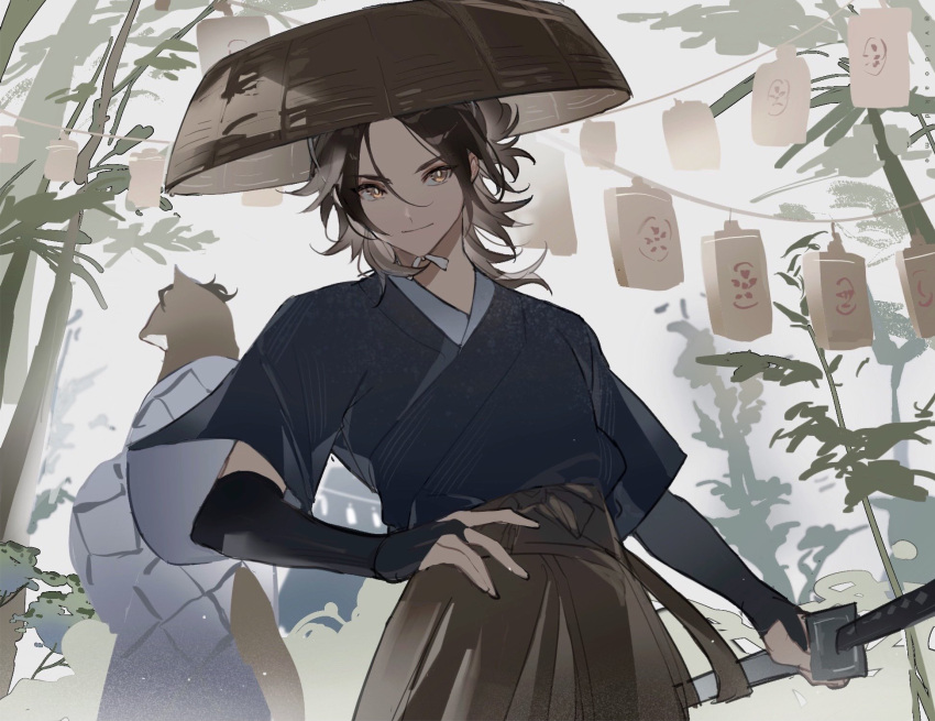 2boys, armor, bamboo, bangs, black_kimono, bright_pupils, brown_eyes, brown_hair