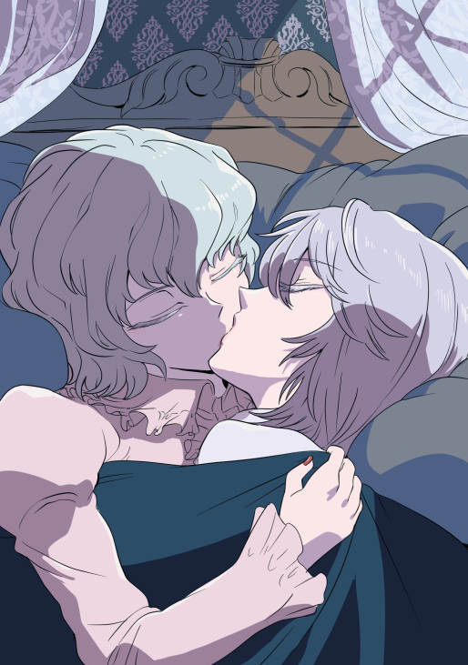 2girls, akutsu_(demodori), bed, blanket, blue_hair, closed_eyes, face-to-face, grey_hair, hug, izayoi_sakuya, kiss, long_sleeves, multiple_girls, nail_polish, pillow, puffy_sleeves, red_nails, remilia_scarlet, short_hair, touhou, upper_body, yuri