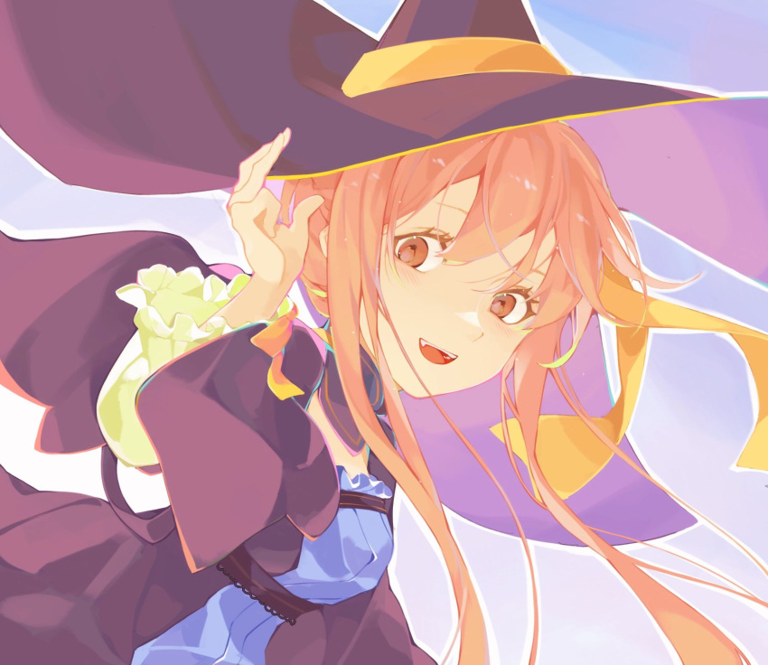 1girl, :d, atelier_(series), atelier_ayesha, bangs, coat, detached_collar, eyelashes, hair_ribbon, hand_up, hat, highres, long_hair, long_sleeves, open_mouth, orange_eyes, pink_hair, pink_pupils, purple_coat, purple_headwear, ribbon, short_hair_with_long_locks, smile, solo, teeth, upper_teeth_only, virno, wilbell_voll-ersleid, witch_hat, yellow_ribbon