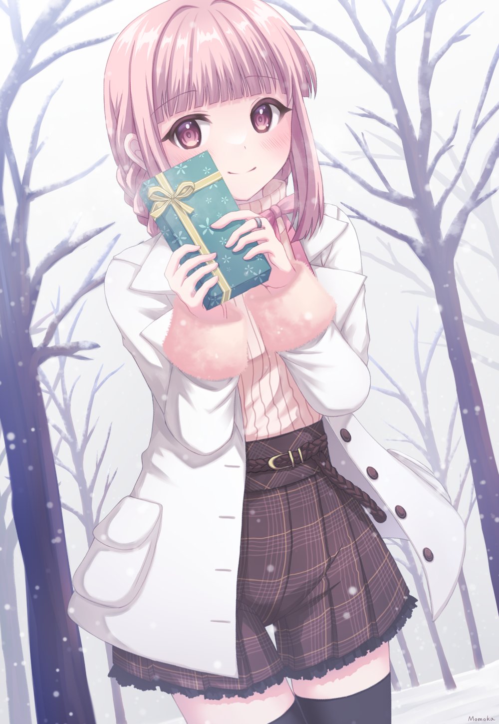1girl, bangs, bare_tree, belt, black_thighhighs, blunt_bangs, blush, box, braid, braided_belt, brown_belt, brown_shorts, buttons, coat, cowboy_shot, dot_nose, dutch_angle, frilled_shorts, frills, fur-trimmed_sleeves, fur_trim, gift, gift_box, hands_up, highres, holding, holding_box, jewelry, lapels, long_sleeves, looking_at_viewer, magia_record:_mahou_shoujo_madoka_magica_gaiden, mahou_shoujo_madoka_magica, momoka74, open_clothes, open_coat, outdoors, pink_eyes, pink_sweater, plaid, plaid_shorts, pocket, ribbed_sweater, ring, shorts, side_braids, sidelocks, smile, snowing, solo, split_mouth, sweater, tamaki_iroha, tamaki_iroha_(winter_costume), thigh-highs, thigh_gap, tree, turtleneck, turtleneck_sweater, white_background, white_coat