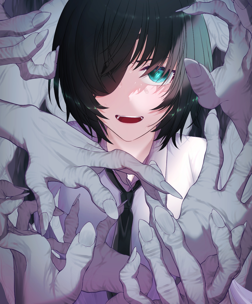 1girl, bangs, black_hair, black_necktie, blue_eyes, chainsaw_man, collared_shirt, eyepatch, ghost_devil_(chainsaw_man), highres, himeno_(chainsaw_man), looking_at_viewer, meguru_nyan, multiple_hands, necktie, open_mouth, shirt, smile, solo, surrounded_by_hands, teeth, upper_body, white_shirt