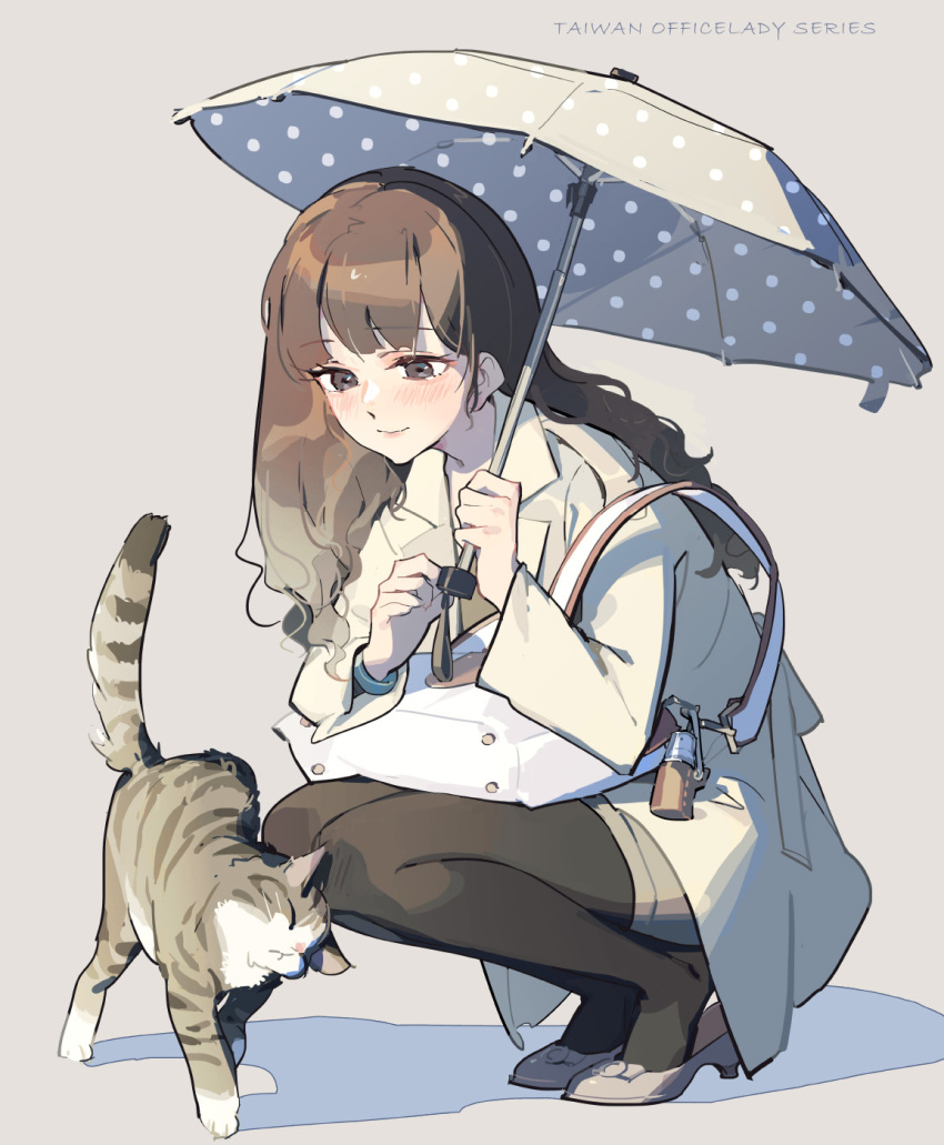 1girl, animal, bag, bangs, black_pantyhose, blush, brown_eyes, brown_hair