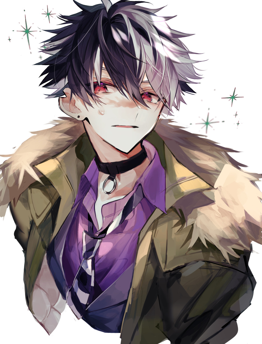 1boy, absurdres, black_choker, black_hair, black_necktie, black_vest, bradley_bain, choker, collared_shirt, cropped_torso, earrings, fur-trimmed_jacket, fur_trim, green_jacket, grey_hair, hair_between_eyes, highres, jacket, jewelry, looking_at_viewer, mahoutsukai_no_yakusoku, male_focus, multicolored_hair, multicolored_necktie, necktie, o-ring, o-ring_choker, open_clothes, open_collar, open_jacket, parted_lips, purple_shirt, red_eyes, scar, scar_on_face, scar_on_nose, shirt, short_hair, simple_background, solo, sparkle, streaked_hair, stud_earrings, sweatdrop, two-tone_hair, u-sama_(u_summer0719), vest, white_background, white_necktie