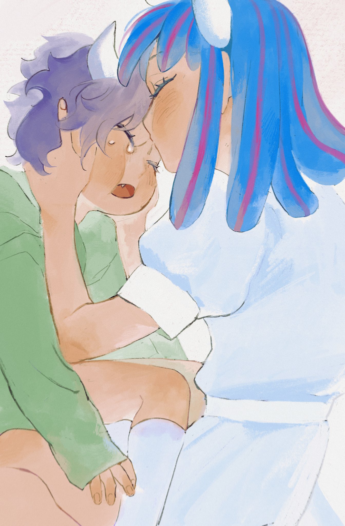 1boy, 1girl, aged_down, bare_legs, blue_dress, blue_hair, brother_and_sister, closed_eyes, crying, dress, green_hoodie, hand_on_another's_face, highres, hood, hoodie, horns, kiss, kissing_forehead, konekomarururu, medium_hair, multicolored_hair, one_piece, page_one_(one_piece), purple_hair, short_hair, short_sleeves, siblings, sitting, socks, ulti_(one_piece), white_socks, wide_sleeves