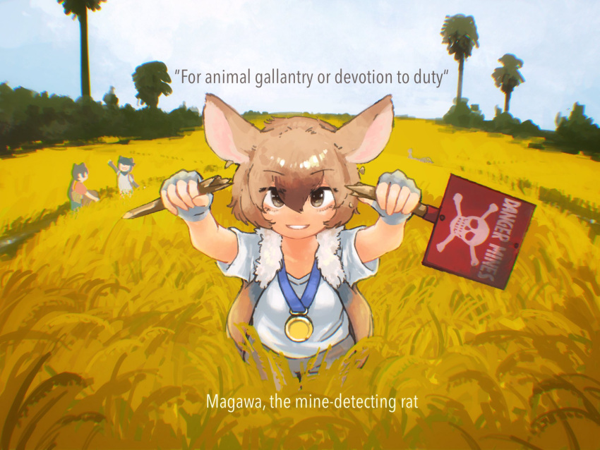 3girls, animal_ears, arms_up, bangs, breaking, brown_hair, bruise, bruised_eye, cowboy_shot, day, english_text, fingerless_gloves, fisheye, fur_collar, gambian_rat_(kemono_friends), gloves, grass, grin, hair_between_eyes, highres, holding, holding_sign, injury, kemono_friends, looking_at_viewer, medal, medium_hair, mouse_ears, multicolored_hair, multiple_girls, open_clothes, open_vest, outdoors, pants, shirt, short_sleeves, sign, smile, solo_focus, toki_reatle, vest, warning_sign, white_shirt