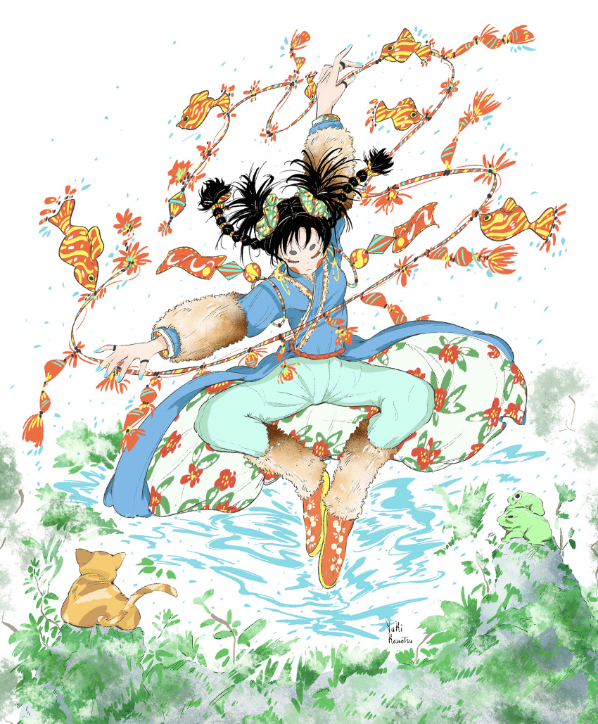 1girl, absurdres, aqua_pants, artist_name, blue_shirt, blush_stickers, boots, cat, closed_eyes, frog, highres, kawatsu_yuuki, leaf, long_sleeves, original, plant, red_footwear, rock, shirt, solo, white_background