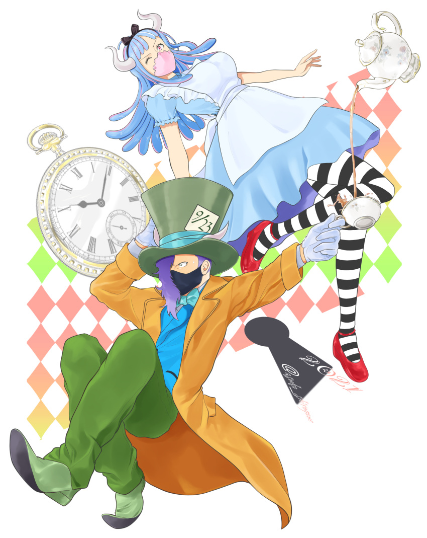 1boy, 1girl, absurdres, alice_in_wonderland, asuka_shirogane, bangs, blue_dress, blue_gloves
