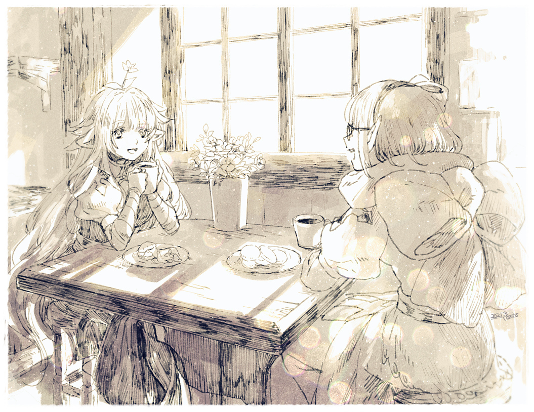 2girls, arch_bishop_(ragnarok_online), bangs, bouquet, commentary, cross, cup, dress