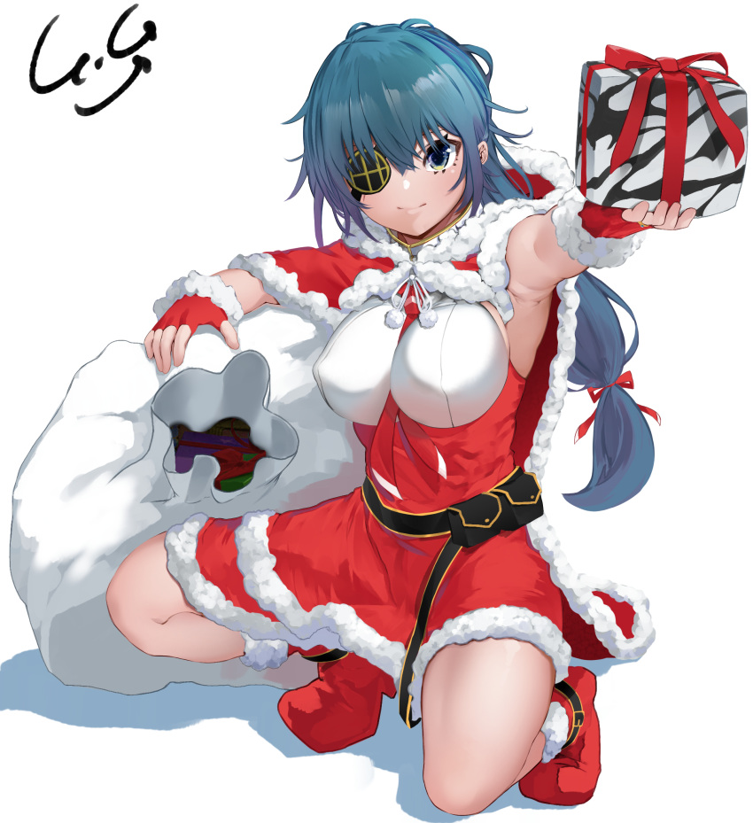1girl, alternate_costume, alternate_hair_length, alternate_hairstyle, belt, black_belt, blue_eyes, blue_hair